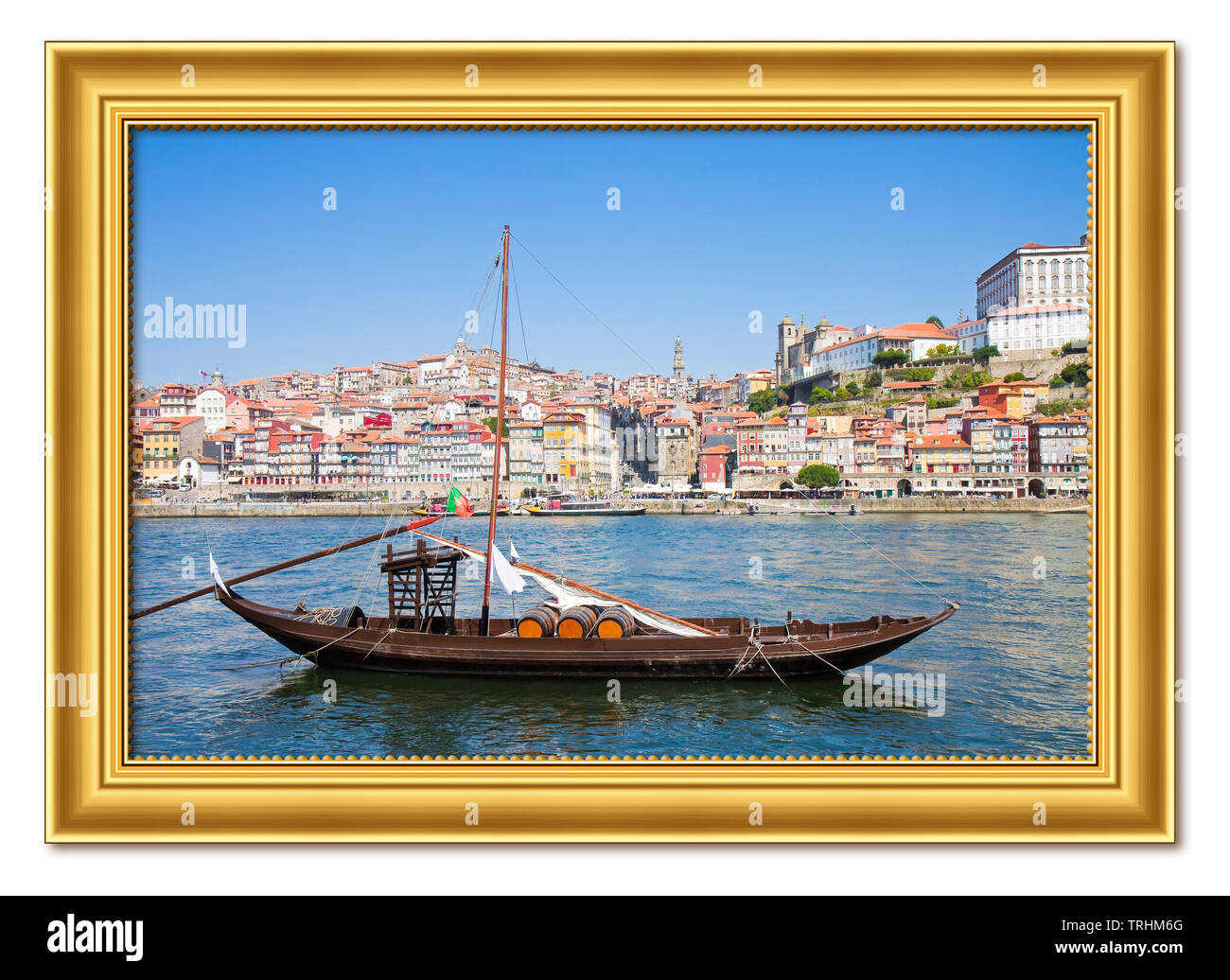 Typical portuguese wooden boats, in portuguese called 'barcos rabelos', used in the past to transport the famous port wine (Portugal) - Frame concept Stock Photo