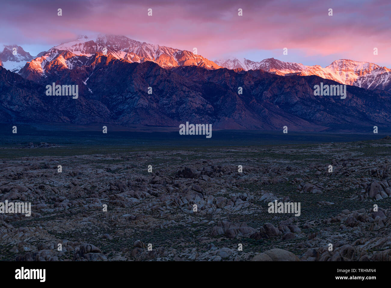 Dramatic sunrise at the Alabama Hills near Lone Pine, California just below Mt. Whitney in the Eastern Sierra's. Stock Photo