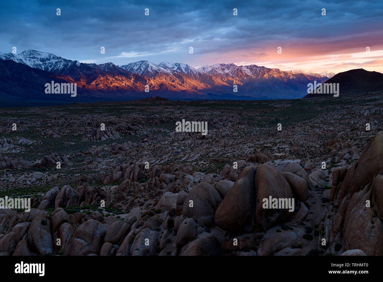 Dramatic sunrise at the Alabama Hills near Lone Pine, California just below Mt. Whitney in the Eastern Sierra's. Stock Photo