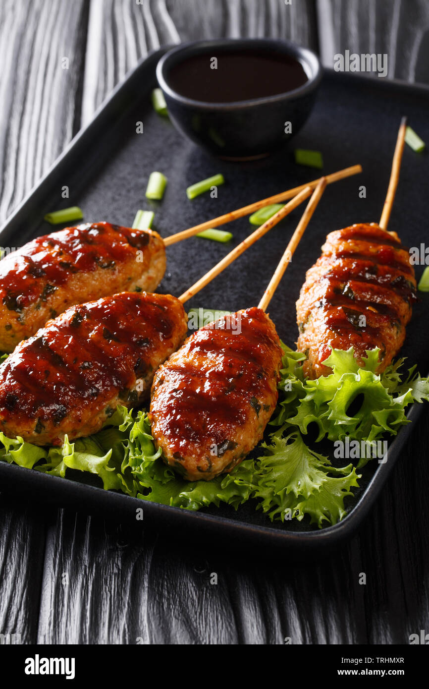 Tsukune is one of the popular yakitori (bite-sized grilled chicken on skewers) dishes in Japan closeup on a plate the table. vertical Stock Photo