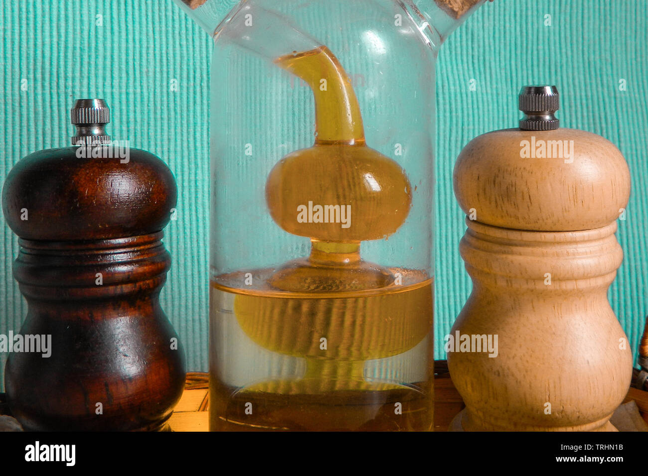 Salt Mill Pepper Grinder And Oil Bottle With Two Compartments Kitchen Utensils Accessories And Spices Recipes And Cuisine Concept Poster Stock Photo Alamy