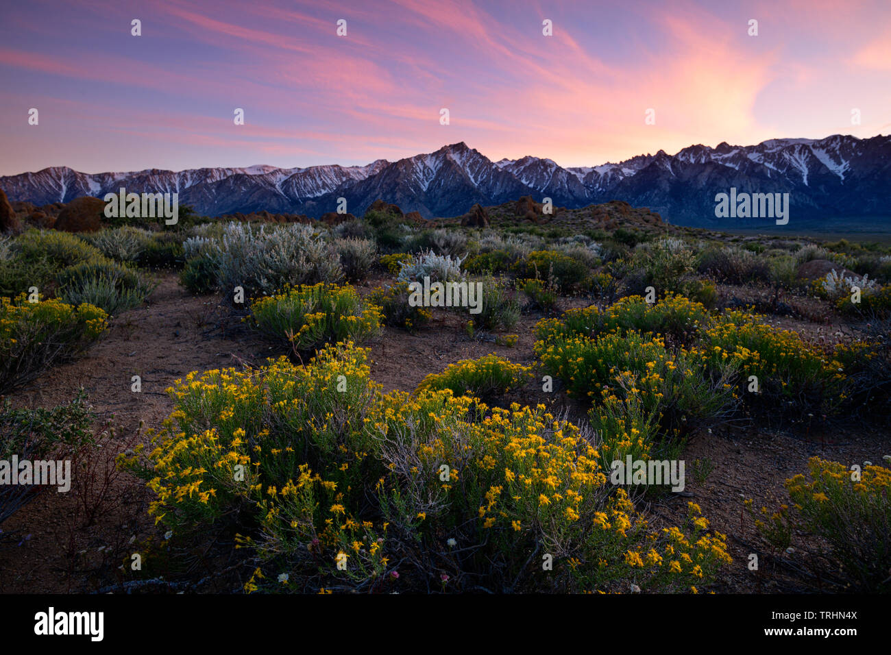 Sunset at the famous Alabama Hills near Lone Pine, California just below Mt. Whitney in the Eastern Sierra's. Stock Photo