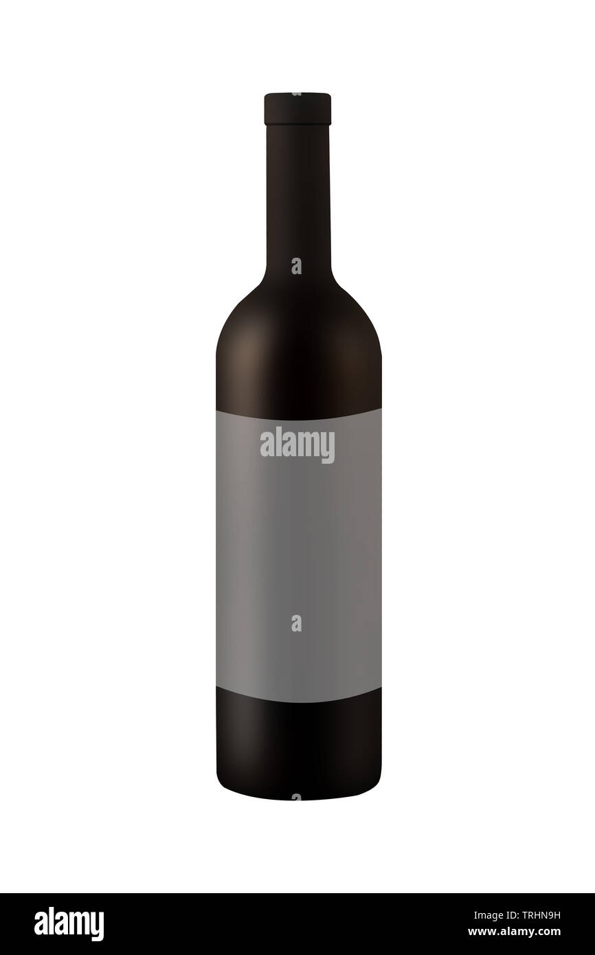 illustration of matt bottle of red wine with label, wine bottle mockup Stock Photo