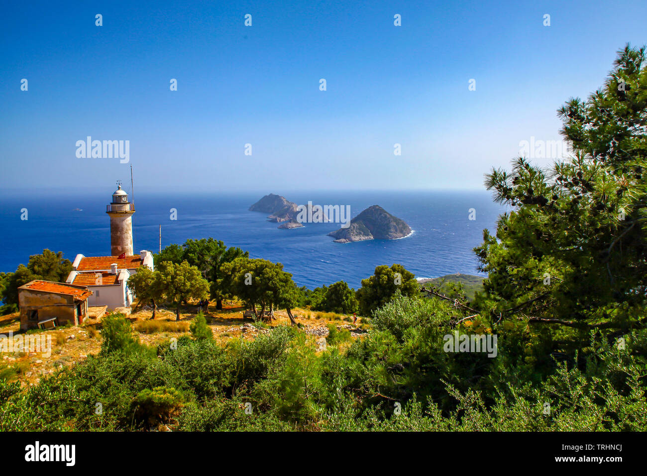 Gelidonya Lighthouse and Islands on Lycian Way in Antalya, Turkey. Stock Photo