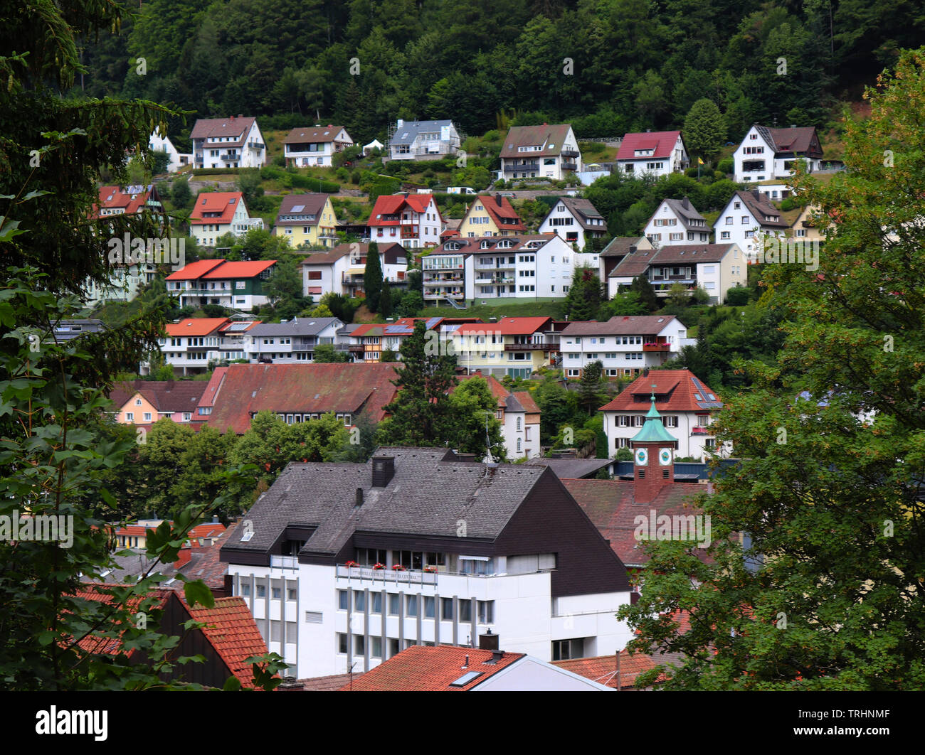 German houses lined up on a hill near the Triberg Waterfalls in the Black Forest. Stock Photo