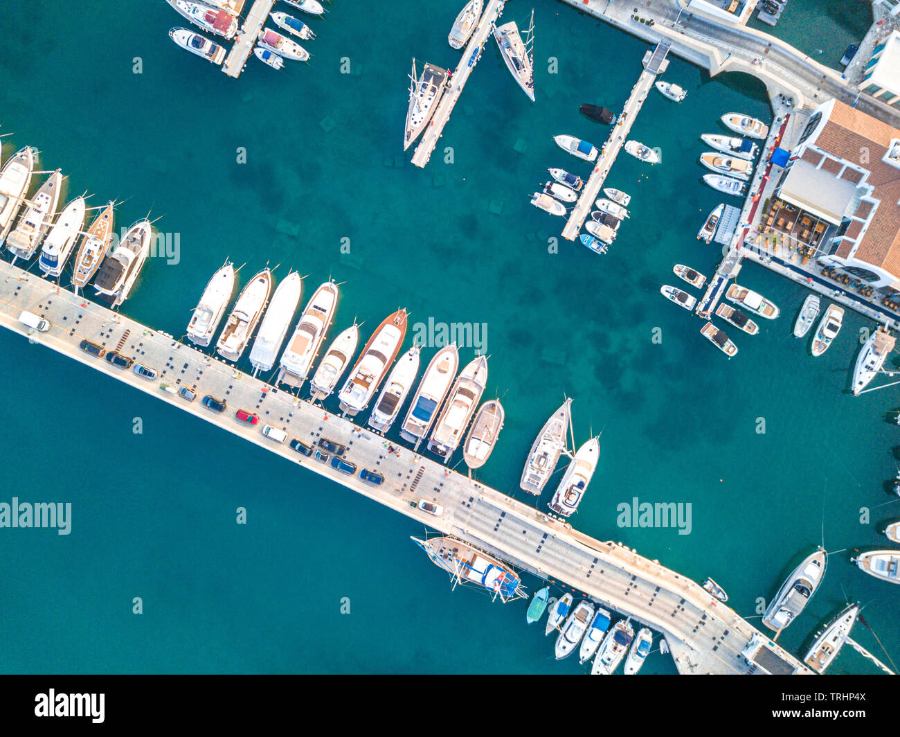 Aerial top down view of boat moored at Limassol New Marina Stock Photo ...