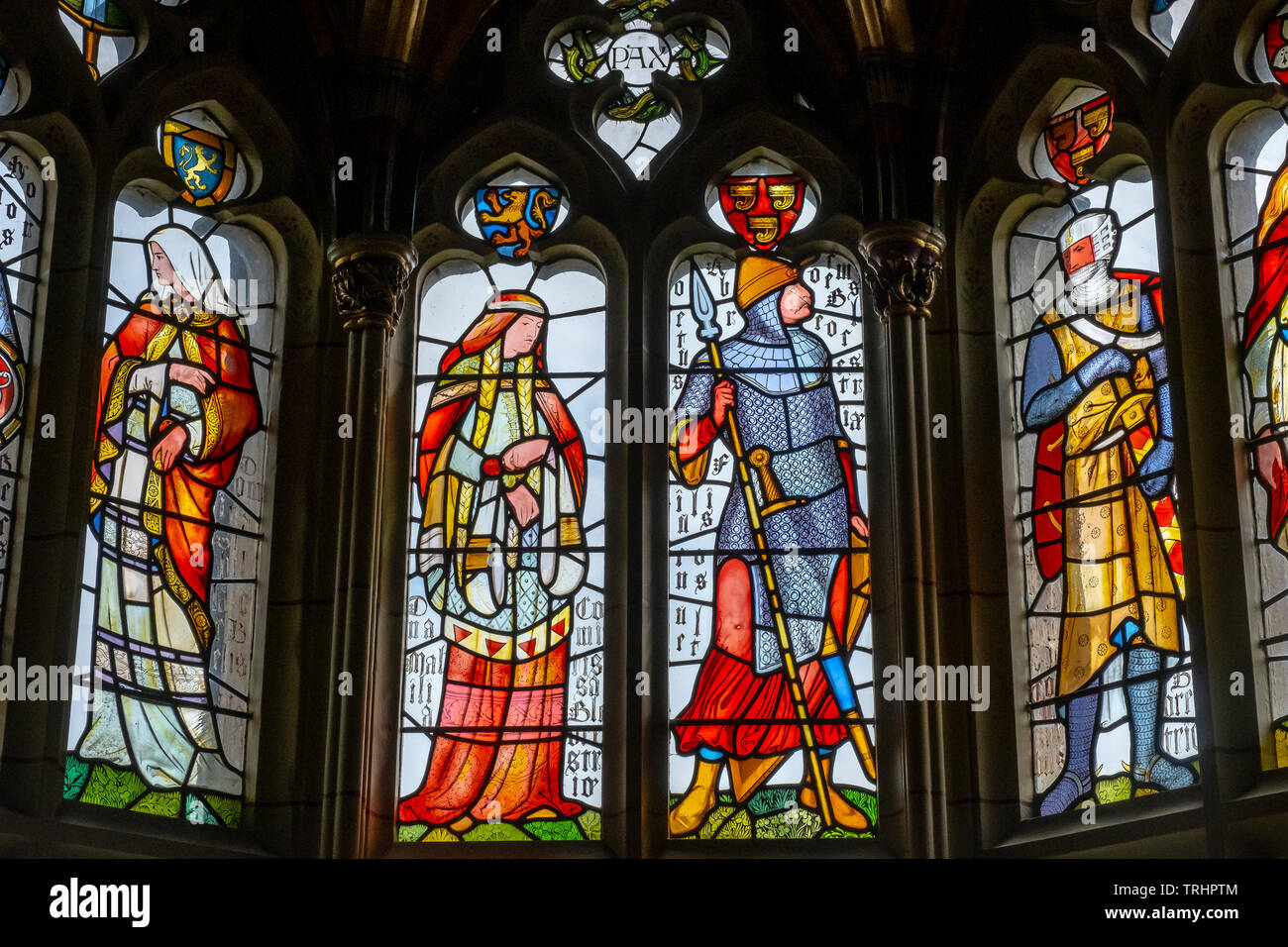 Cardiff Castle, stained glass window, in Banquet Hall, Cardiff, Wales
