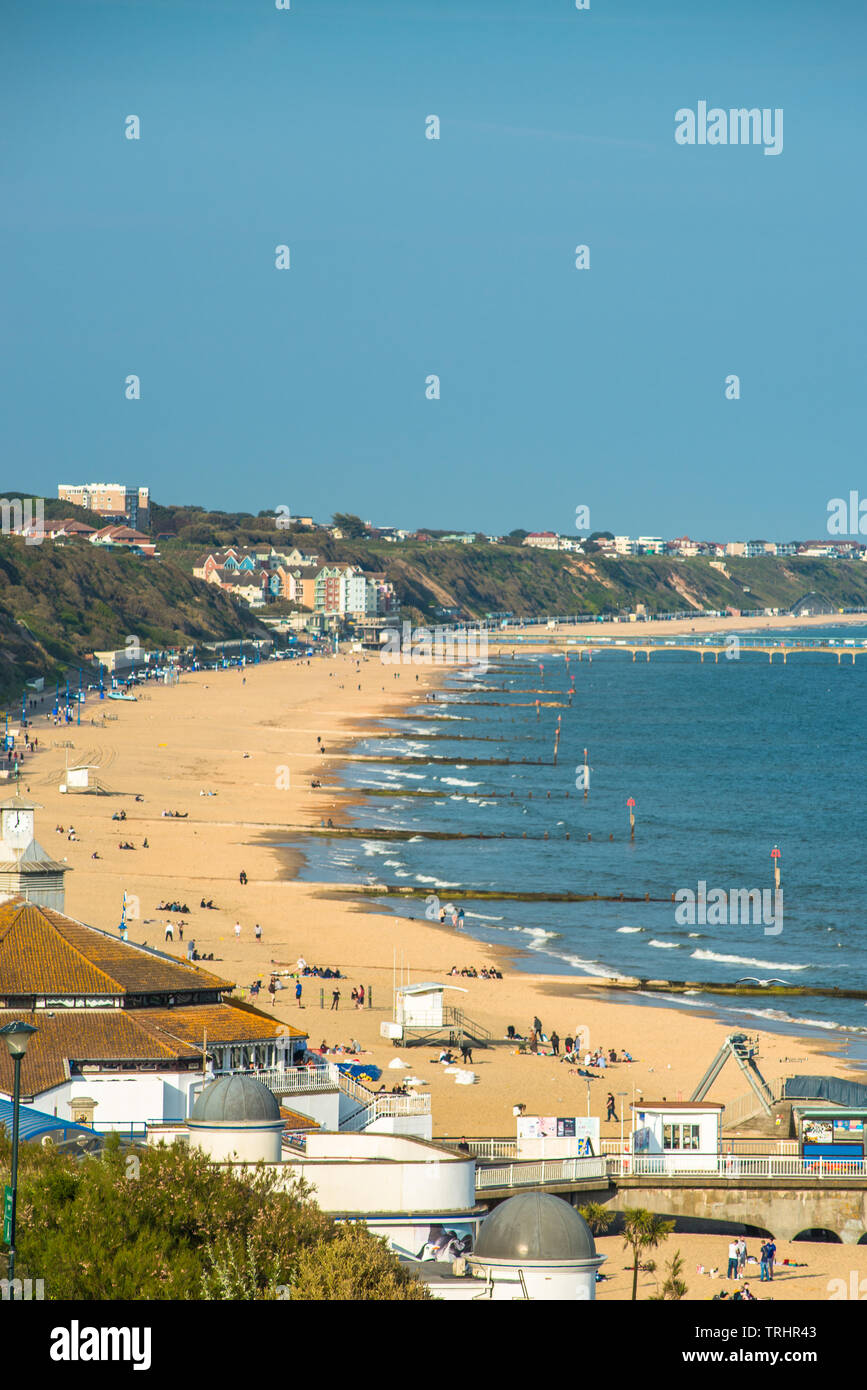 Elevated views of Bournemouth beach from the cliffs above. Dorset. England. UK. Stock Photo