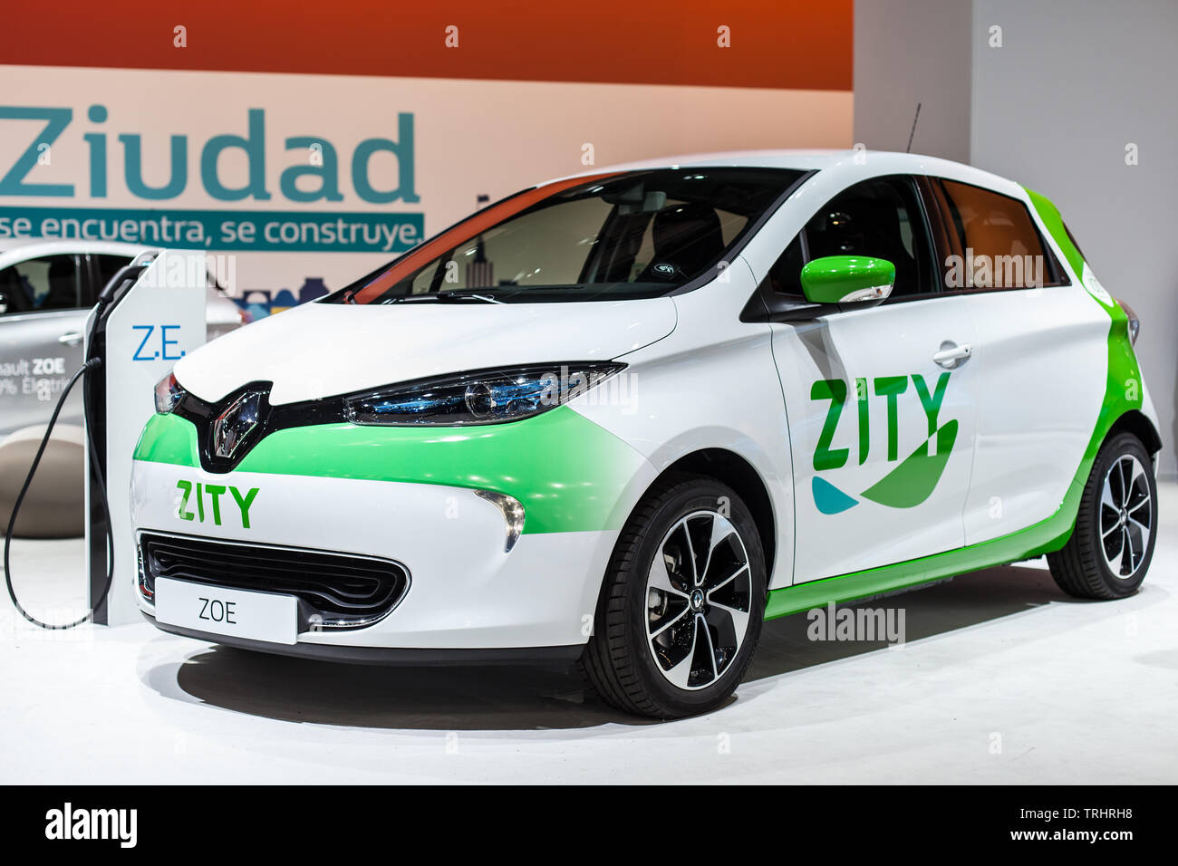 Barcelona, Spain - May 19, 2019: Renault Zoe of the Zity carsharing company showcased at Automobile Barcelona 2019. Stock Photo