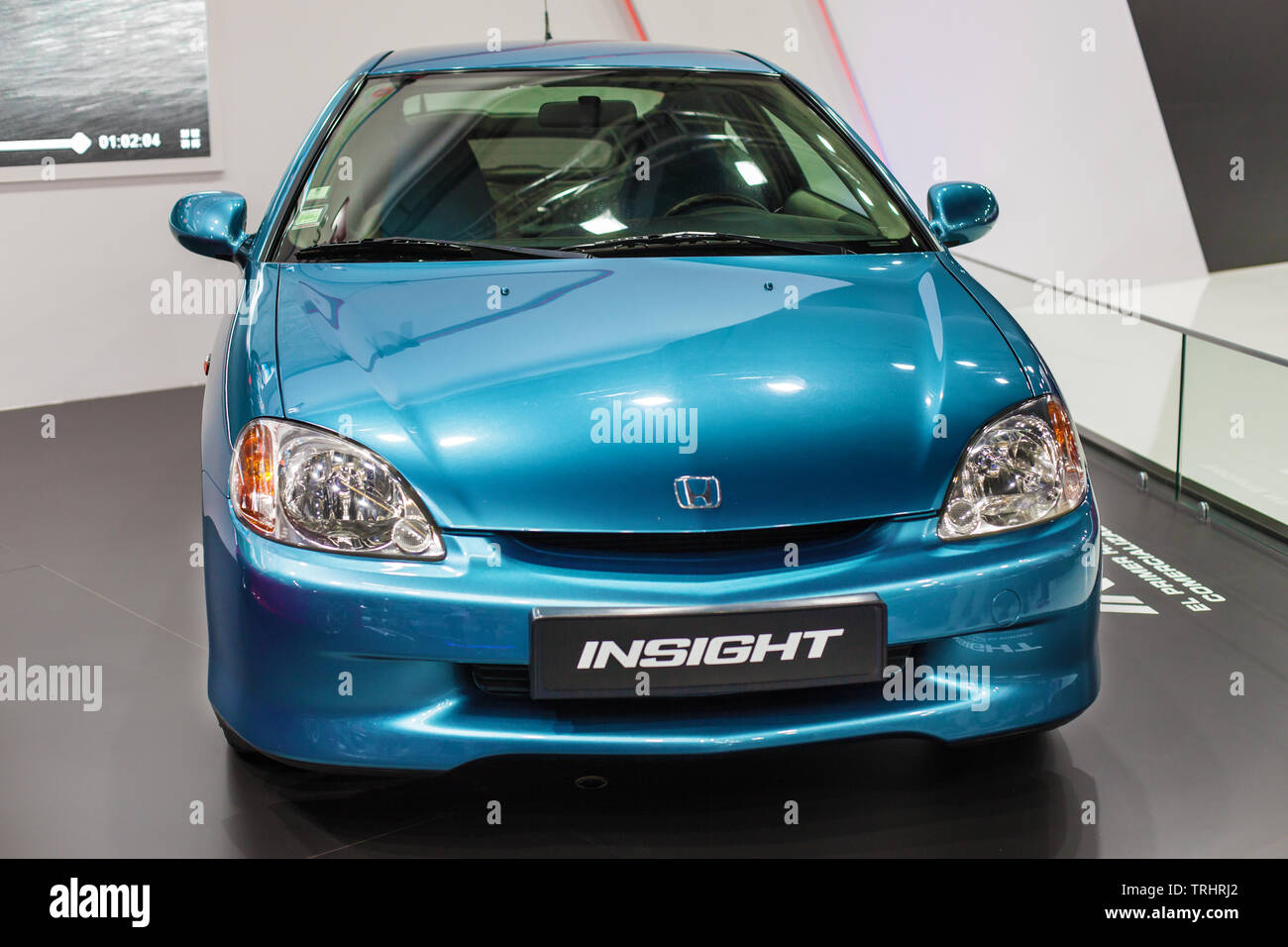 Barcelona, Spain - May 19, 2019: 2000 Honda Insight showcased at Automobile Barcelona 2019. Stock Photo