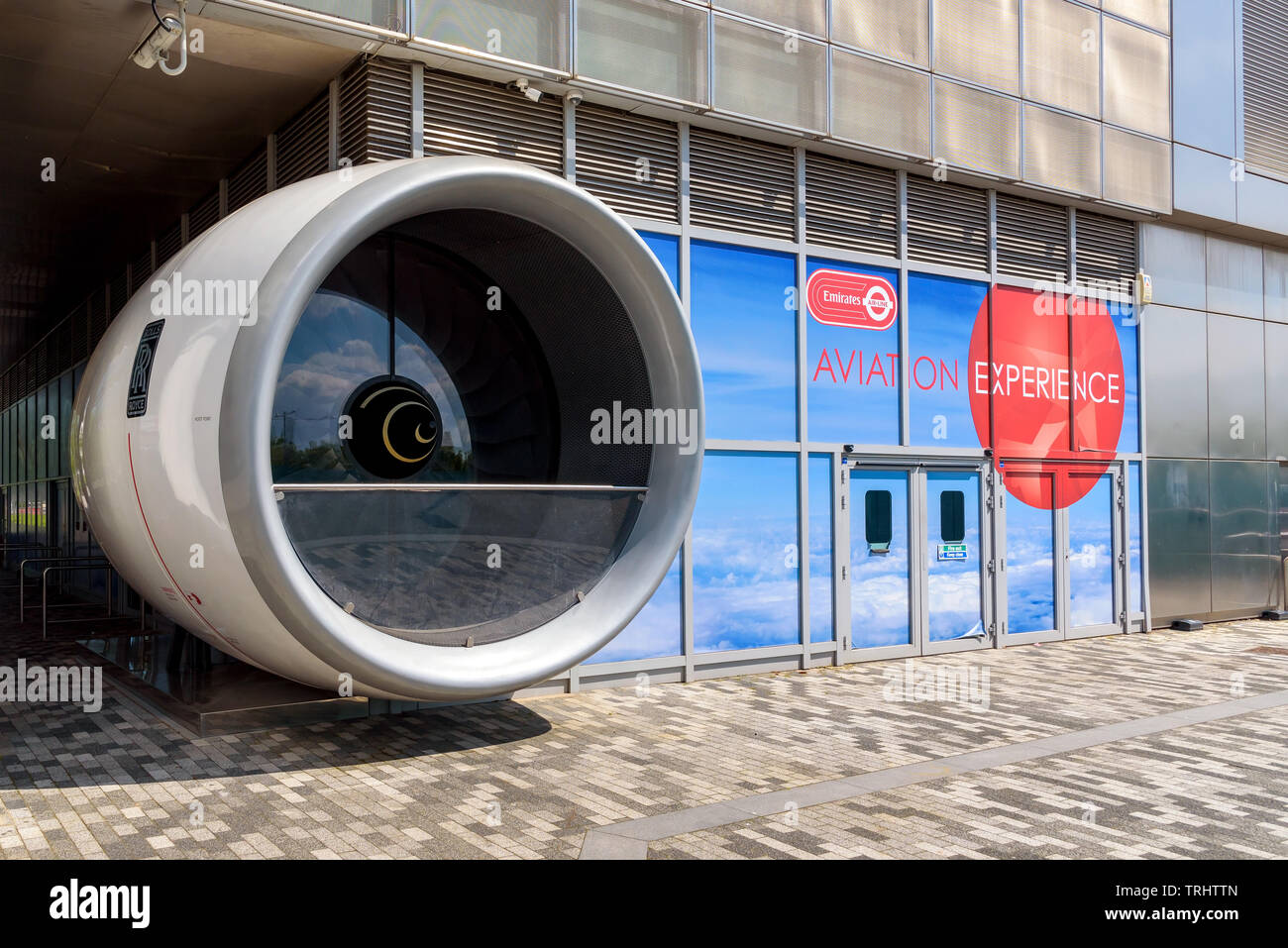 London, UK - May 1, 2018: Model of jet airplane engine at the entrance to Emirates Air Line Aviation Experience Stock Photo