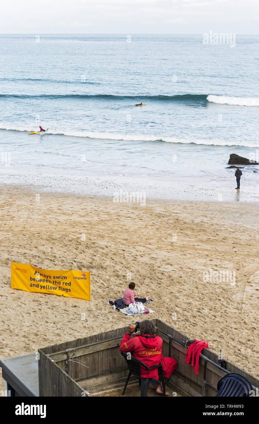 Lifeguard surveys training at St Ives beach, Cornwall, UK Stock Photo