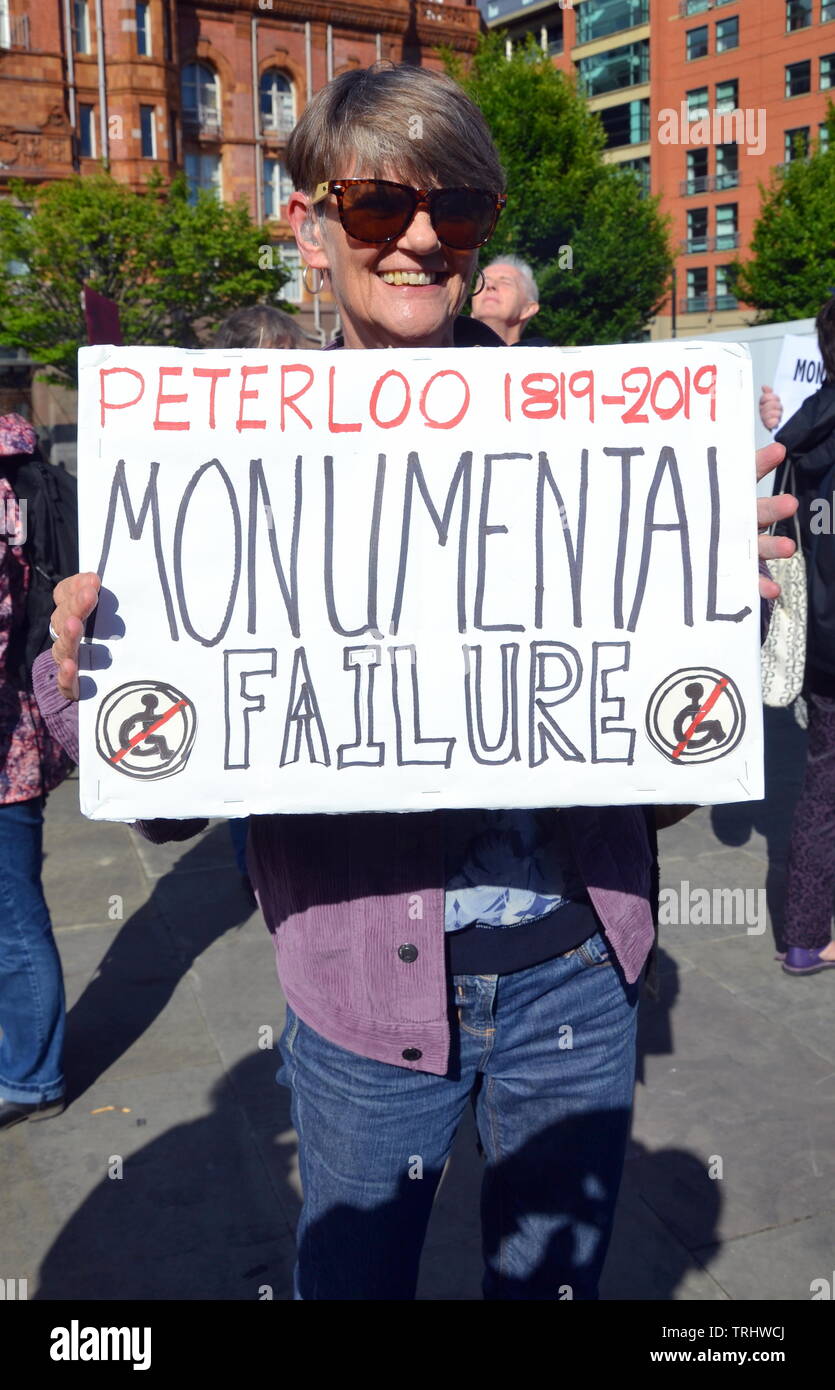 June 6, 2019. Actress and writer Ali Briggs who plays Freda Burgess in TV soap Coronation Street joins disabled people and supporters protesting at the site where a memorial to commemorate the Peterloo massacre of 1819 is being built in Manchester uk. The memorial, developed by Manchester City Council, will currently be a landscaped hill made out of concentric steps. The protesters argue that it is inaccessible for many disabled people and should be amended. Stock Photo