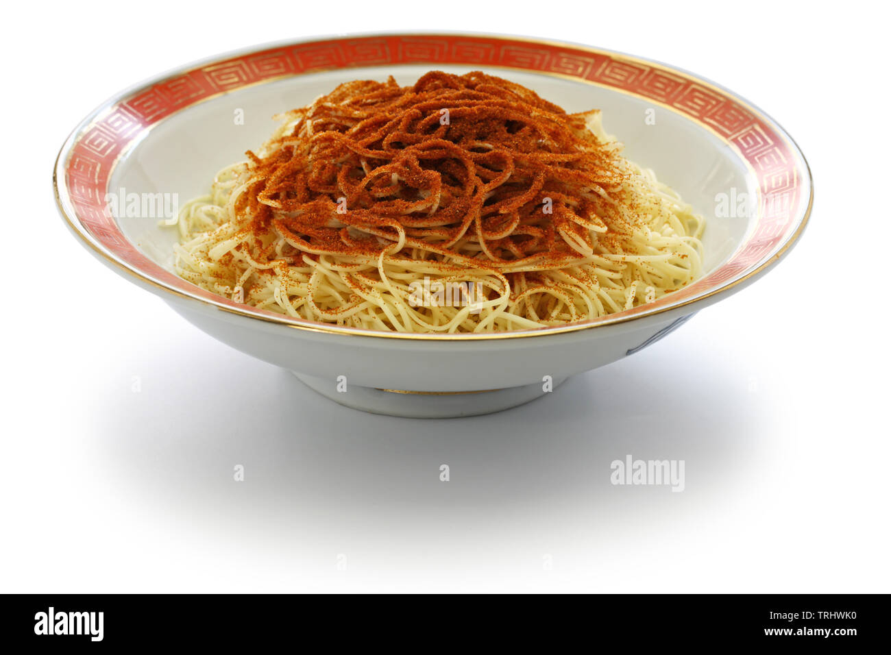 homemade dried shrimp roe noodles, chinese macau cuisine, ha zi lo mien isolated on white background Stock Photo