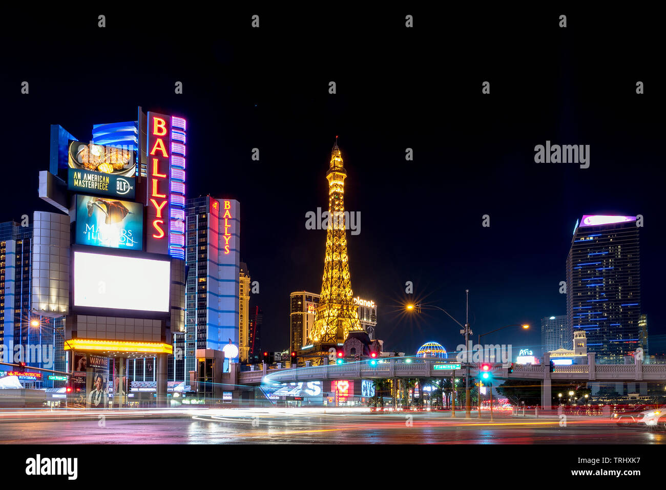 LAS VEGAS, NEVADA - FEB 1: Night scene at the strip in Las Vegas, Nevada on February 1, 2018. The city is famous for its many indulgences and vices, t Stock Photo