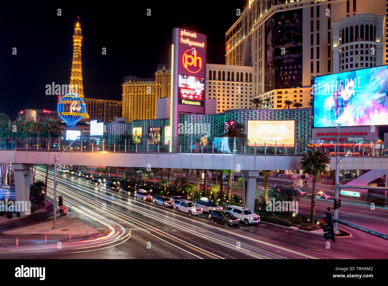 LAS VEGAS, NEVADA - FEB 1: Night scene at the strip in Las Vegas, Nevada on February 1, 2018. The city is famous for its many indulgences and vices, t Stock Photo