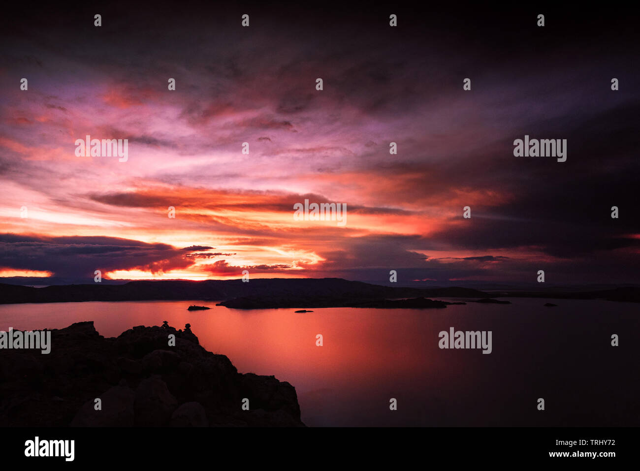 Sunset at Amantani in Peru, overlooking Lake Titicaca Stock Photo