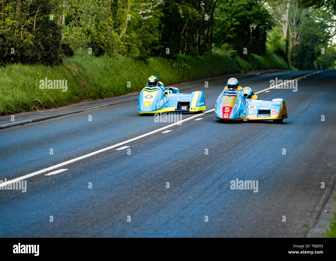 Motorcycle sidecar racers at the Isle of Man TT road race, 2019 Stock ...