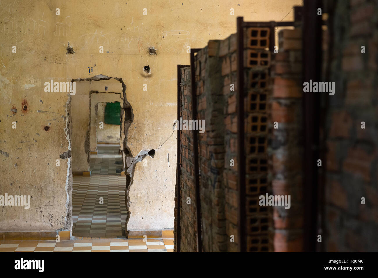Rows of brick prison cells at Tuol Sleng Genocide Museum, Phnom Penh, Cambodia, Asia Stock Photo