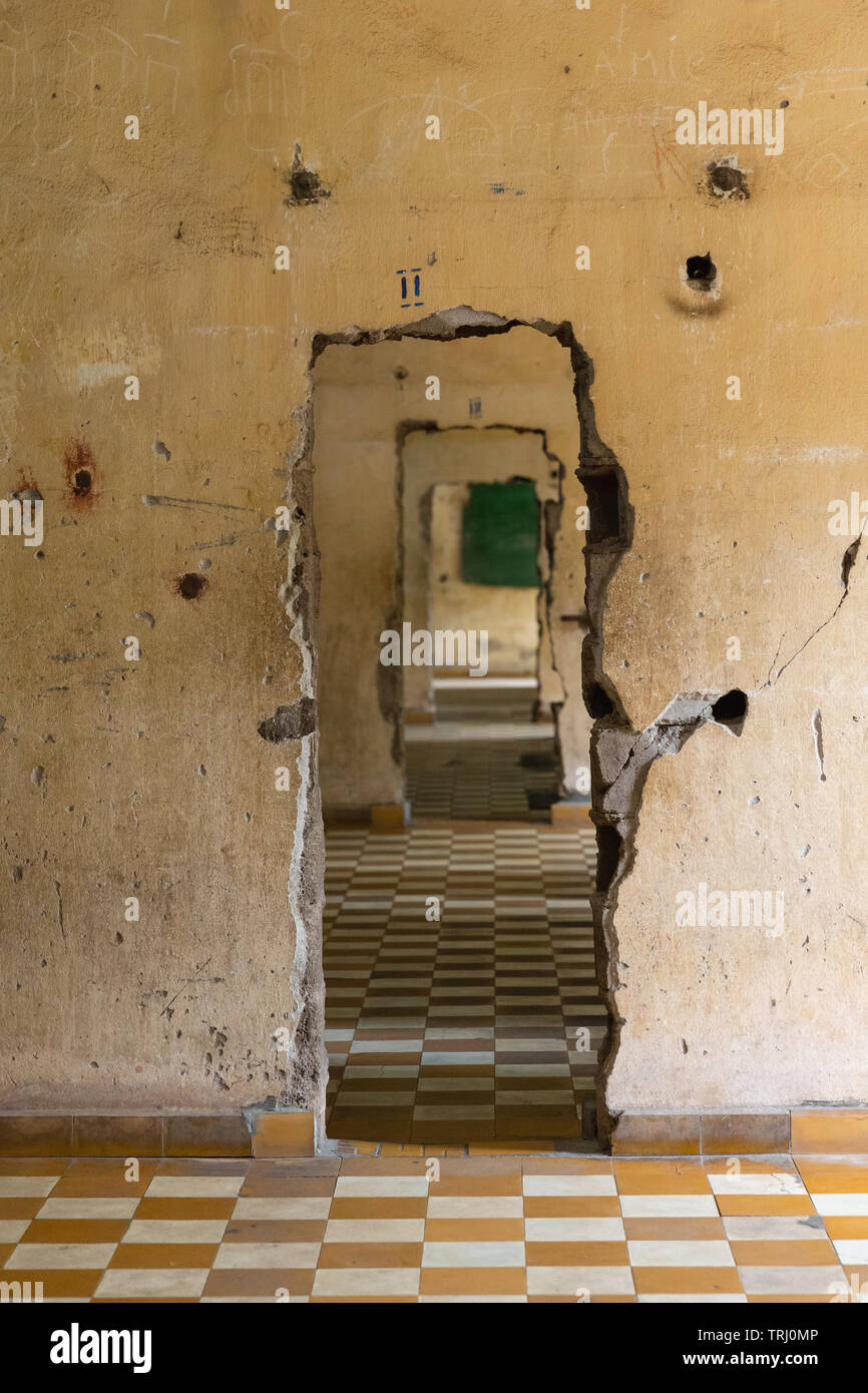 Doors cut in-between rooms at the Tuol Sleng Genocide Museum, Phnom Penh, Cambodia, Asia Stock Photo