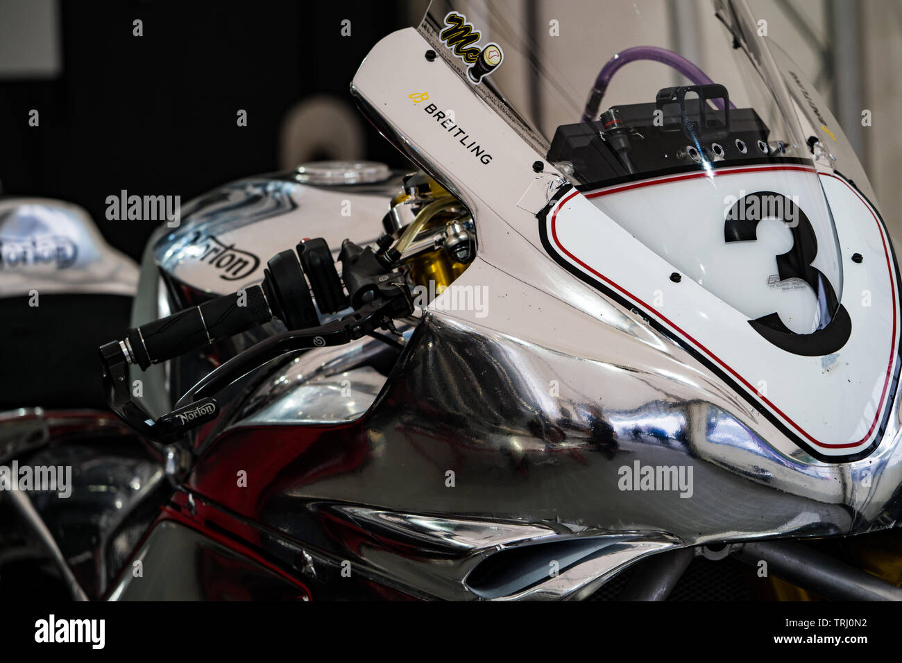 Norton TT Senior / superbike racing motorcycles, ridden by John McGuinness. Isle of Man TT 2019 Stock Photo