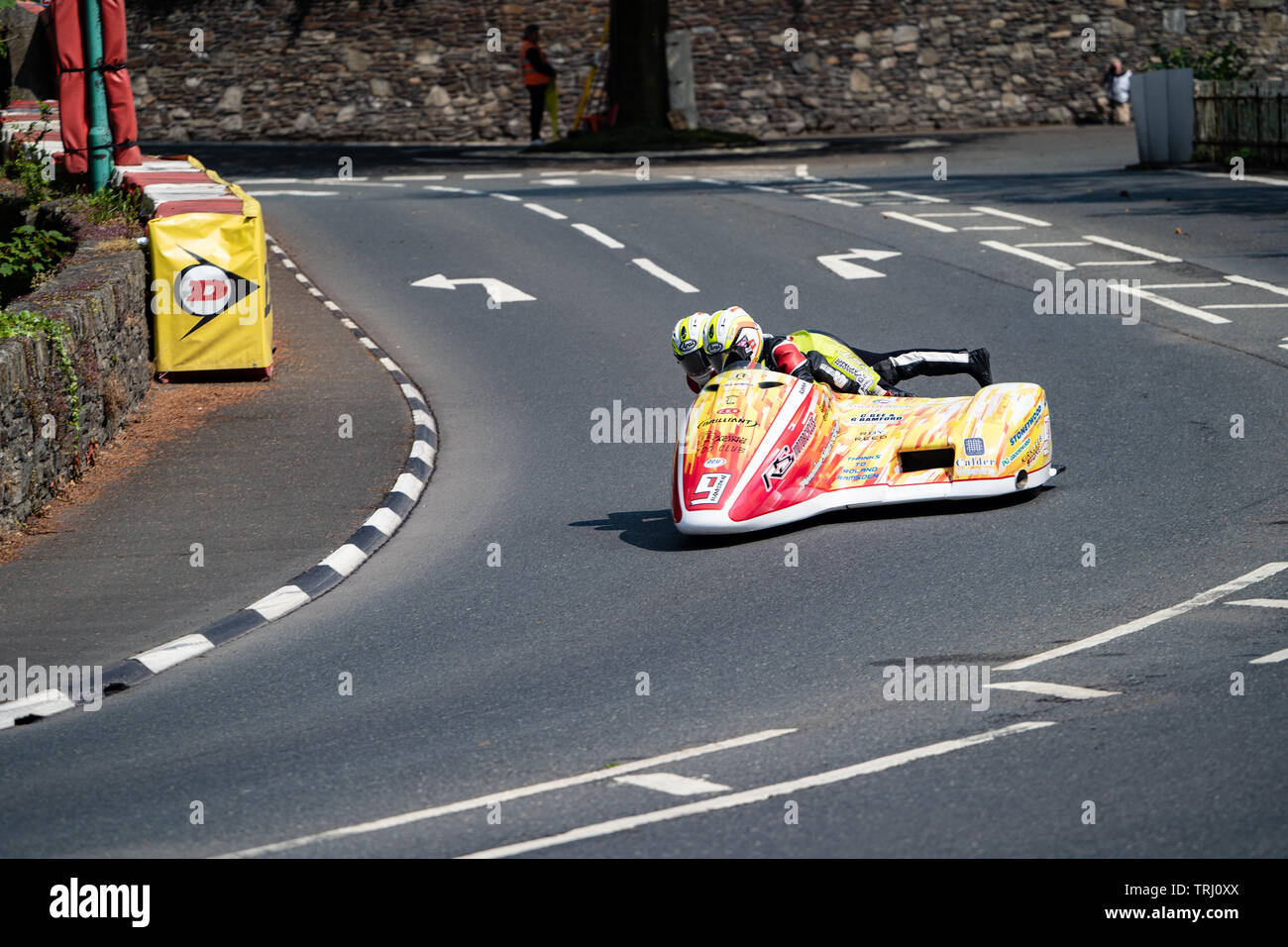 Motorcycle sidecar racers at the Isle of Man TT road race, 2019 Stock ...