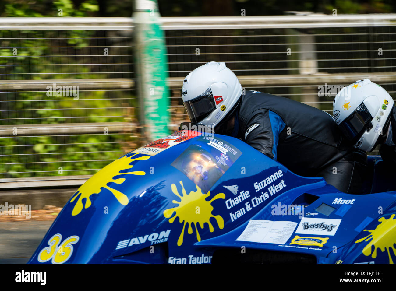 Motorcycle sidecar racers at the Isle of Man TT road race, 2019 Stock ...