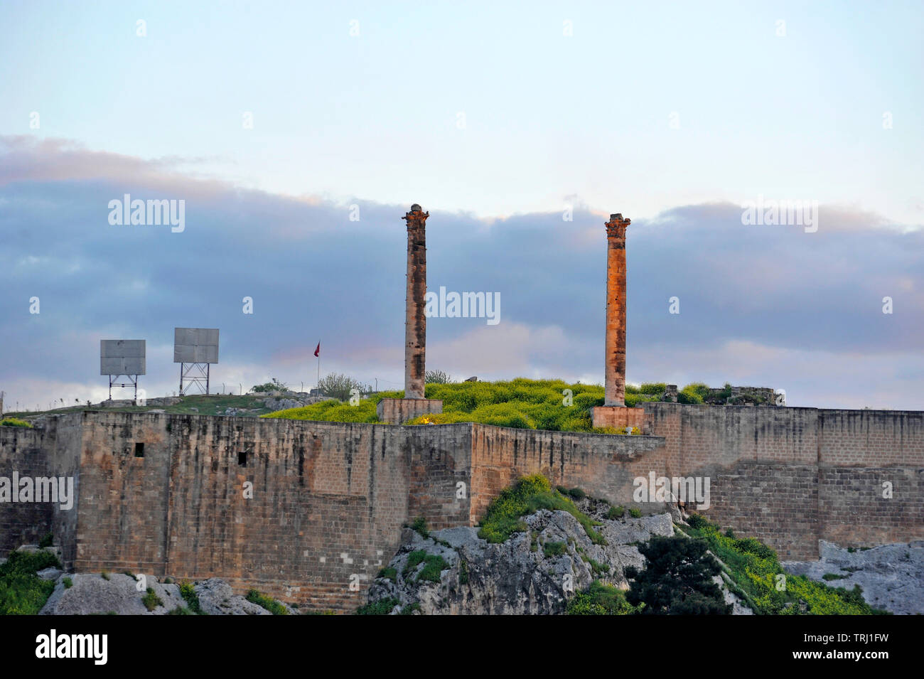 Landscape with lit pillars in Sanliurfa, Turkey Stock Photo