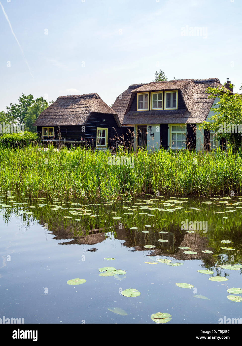 A house in traditional style on the lake 'Ankeveense Plassen', created by peat harvesting, in Ankeveen, The Netherlands. Stock Photo