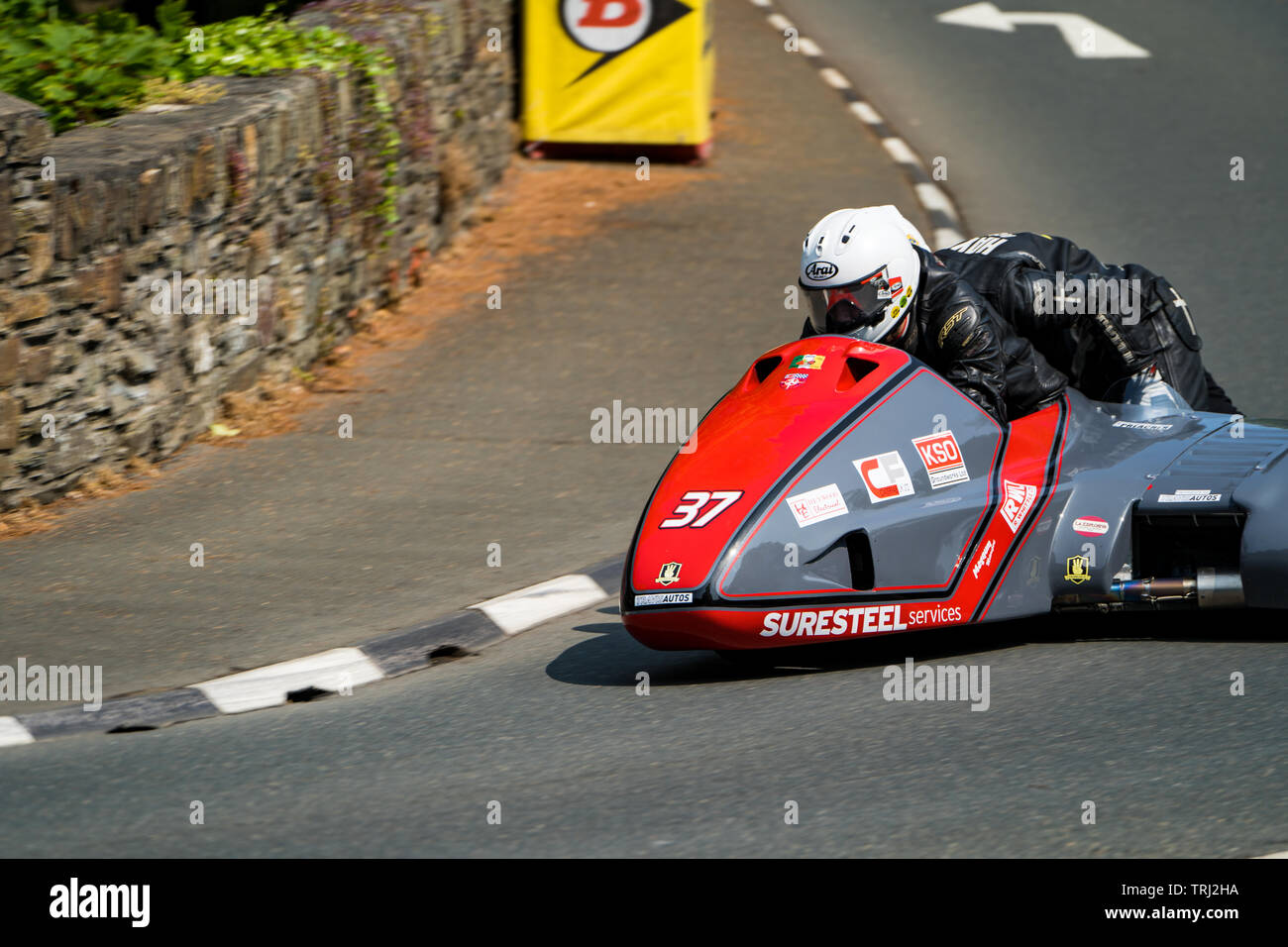 Motorcycle sidecar racers at the Isle of Man TT road race, 2019 Stock ...