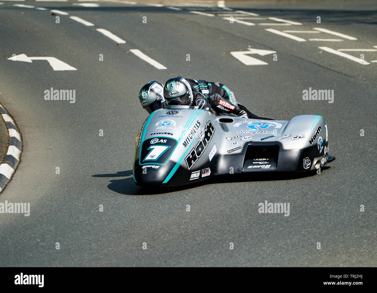Dave Molyneux / Harry Payne Motorcycle sidecar racers at the Isle of Man TT road race, 2019 Stock Photo