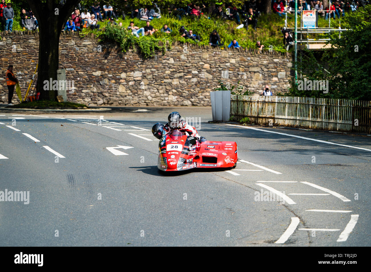 Motorcycle sidecar racers at the Isle of Man TT road race, 2019 Stock ...