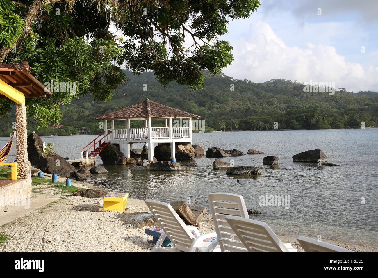 Private beach and relaxation area near the scuba dive spots in Portobello, Panama Stock Photo