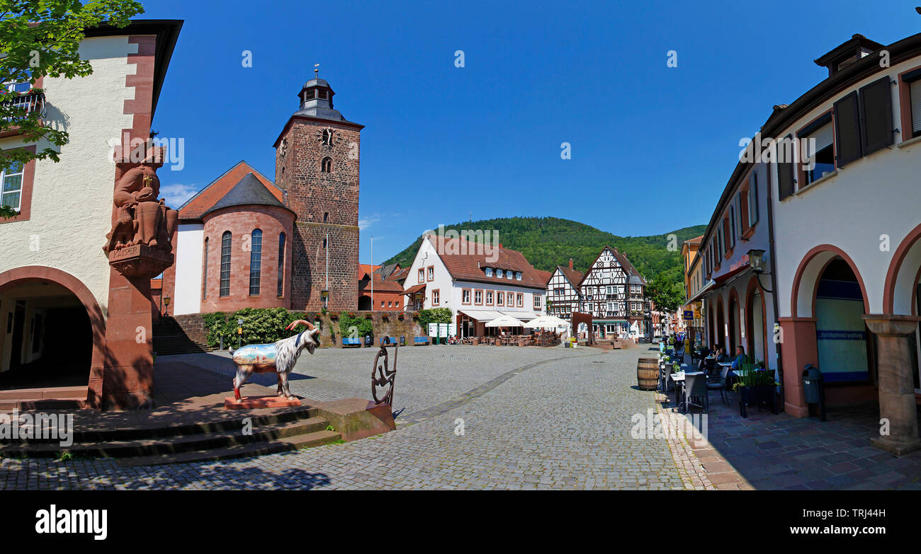 The market place at Annweiler am Trifels, ramgoat at townhall, Rhineland-Palatinate, Germany Stock Photo