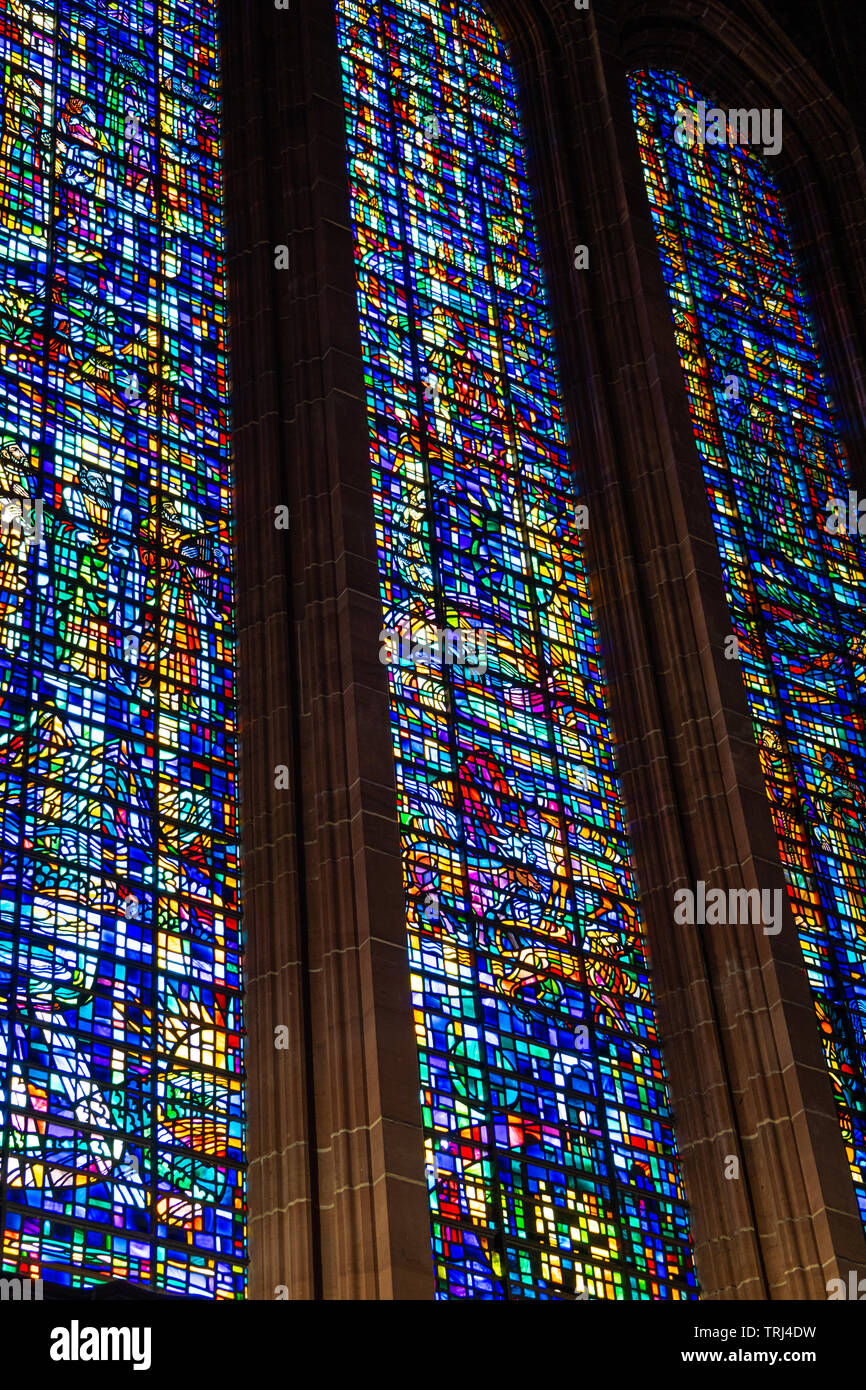 The stained glass West window of Liverpool cathedral, Liverpool, UK