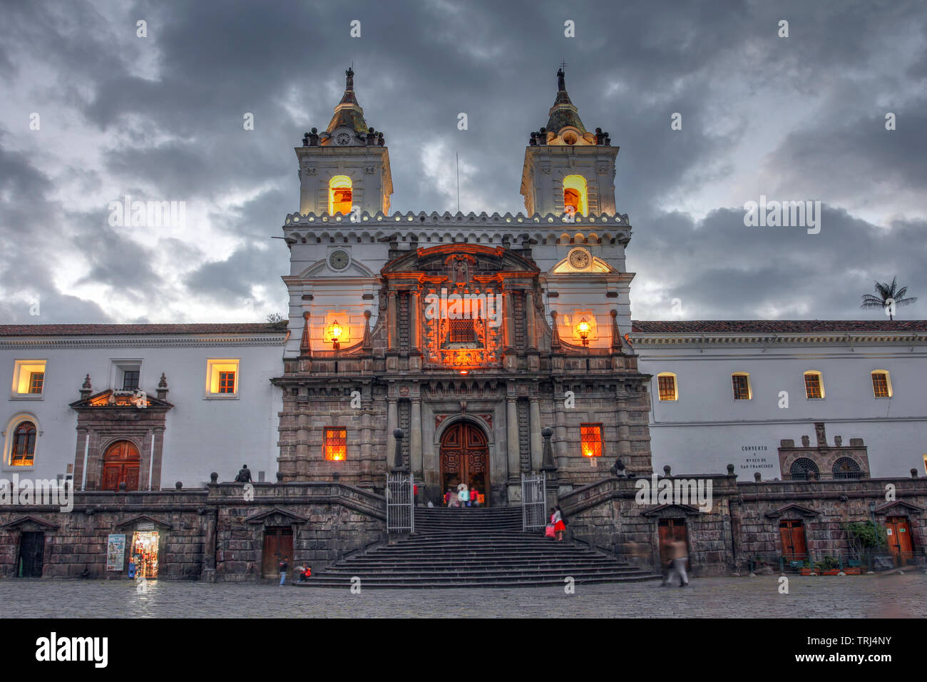 Twilight view of the Church and Monastery of San Francisco de Quito, the capital of Ecuador from the town square bearing the same name. Stock Photo