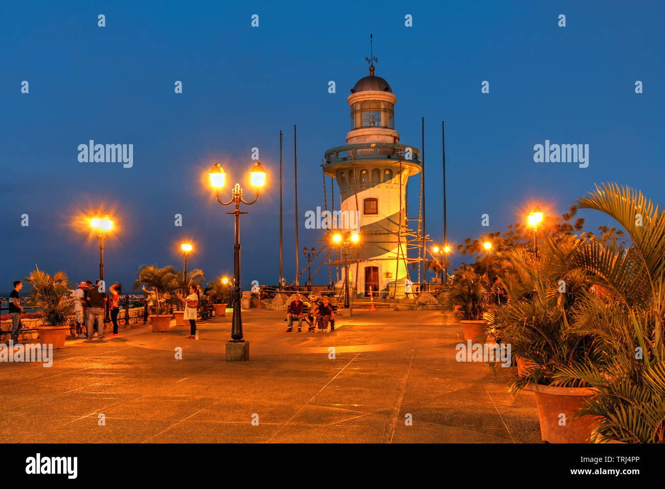 Santa Ana Lighthouse on Santa Ana Hill at sunset in Guayaquil, Ecuador. Stock Photo