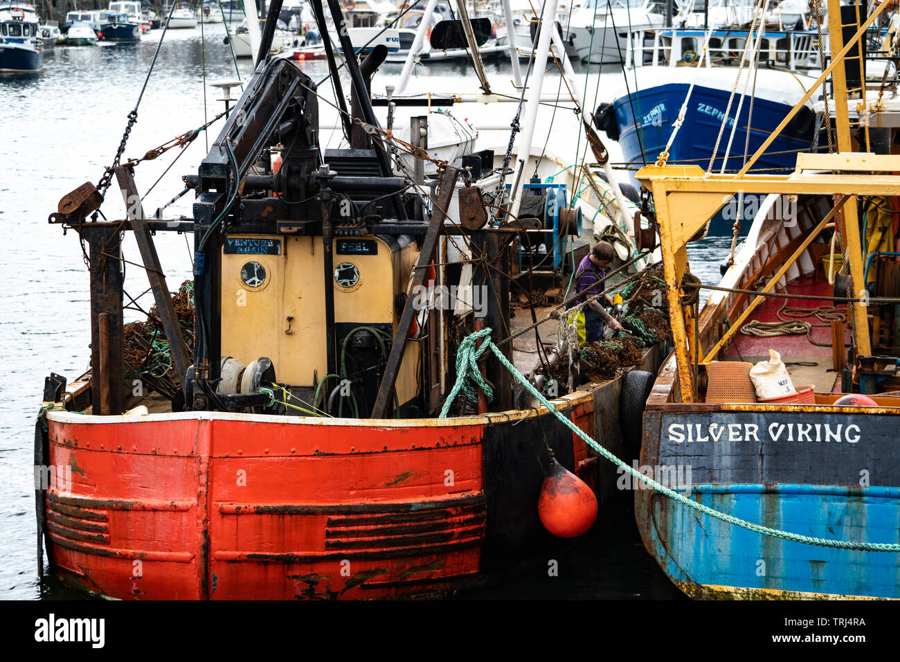 Fishing boats, Peel harbour, Peel, Isle of Man, UK Stock Photo