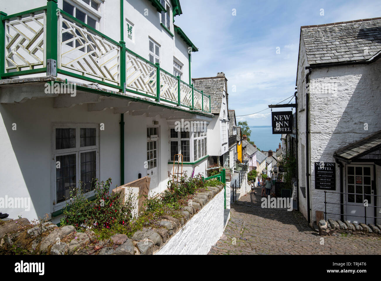 A sunny spring day on the cobbled streets of Clovelly, Devon England UK Stock Photo