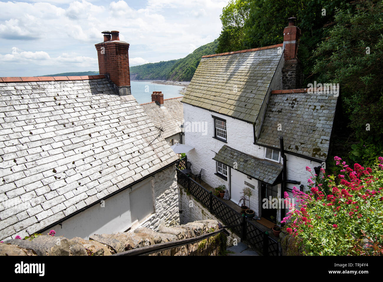 Looking down over rooftops and Bideford Bay in Clovelly, Devon England UK Stock Photo