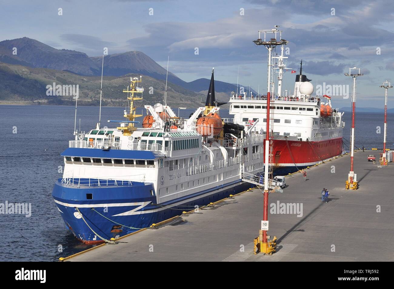 ANTARCTIC CRUISE SHIPS OCEAN NOVA AND EXPEDITION IN USHUAIA, ARGENTINA Stock Photo