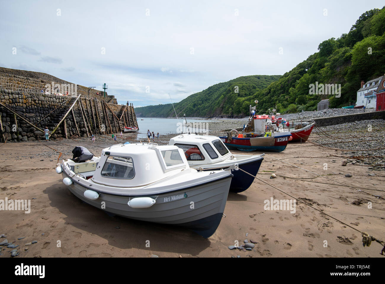 Boats on the Beach at Clovelly, Devon England UK Stock Photo
