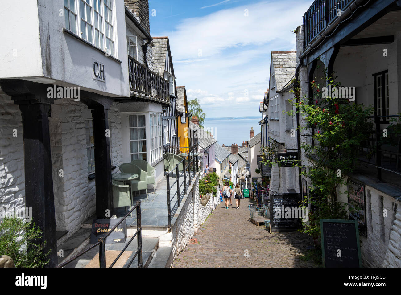A sunny day on the steep cobbled streets of Clovelly, Devon England UK Stock Photo