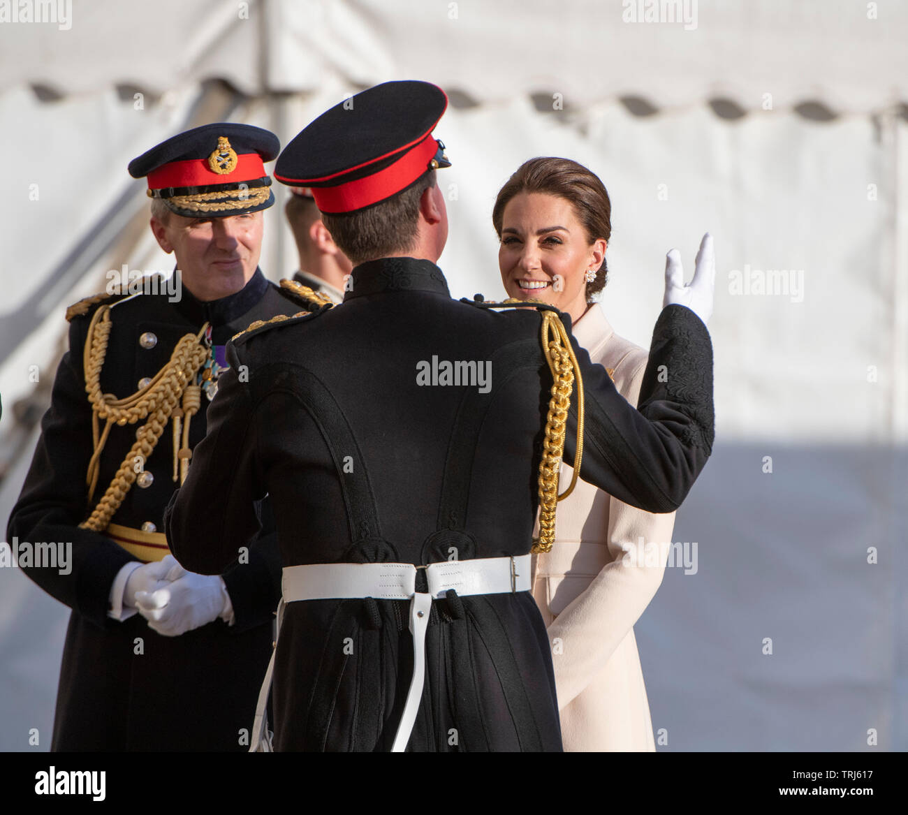 Horse Guards Parade, London, UK. 6th June 2019. HRH The Duchess of Cambridge attends the annual British Army Household Division evening military music spectacular, Beating Retreat. Credit: Malcolm Park/Alamy Live News. Stock Photo