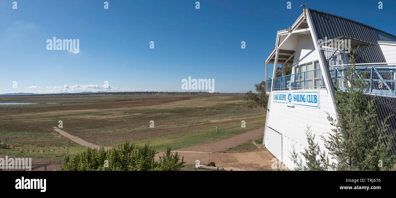 May 2019 Keepit Dam, Gunnedah, Australia: With the dam at 0.6% capacity the local sailing club's normal sailing and launch areas are high and dry. Stock Photo