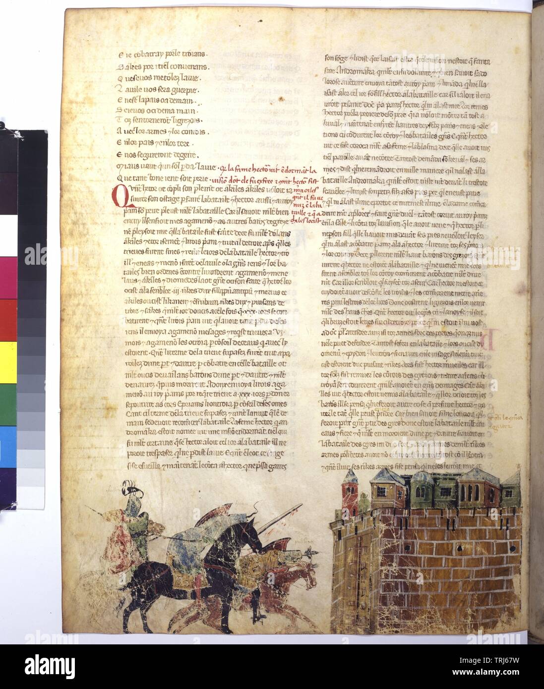 Old French World Chronicle, full page: text, on the bottom a miniature (Achilles kills Hector in front of the Troy walls), , Additional-Rights-Clearance-Info-Not-Available Stock Photo