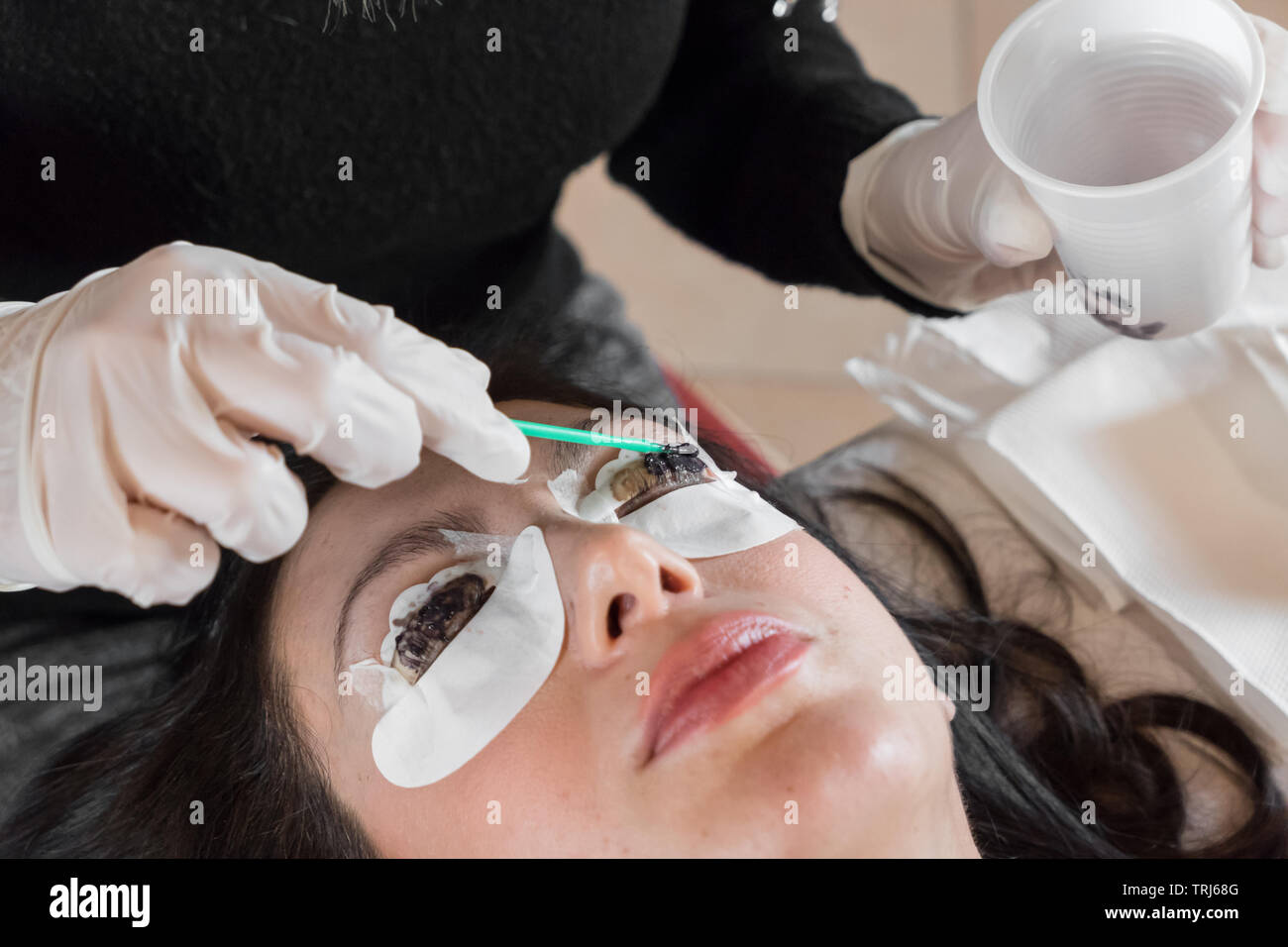 Cosmetic procedure of dyeing and lamination of eyelashes. Extension