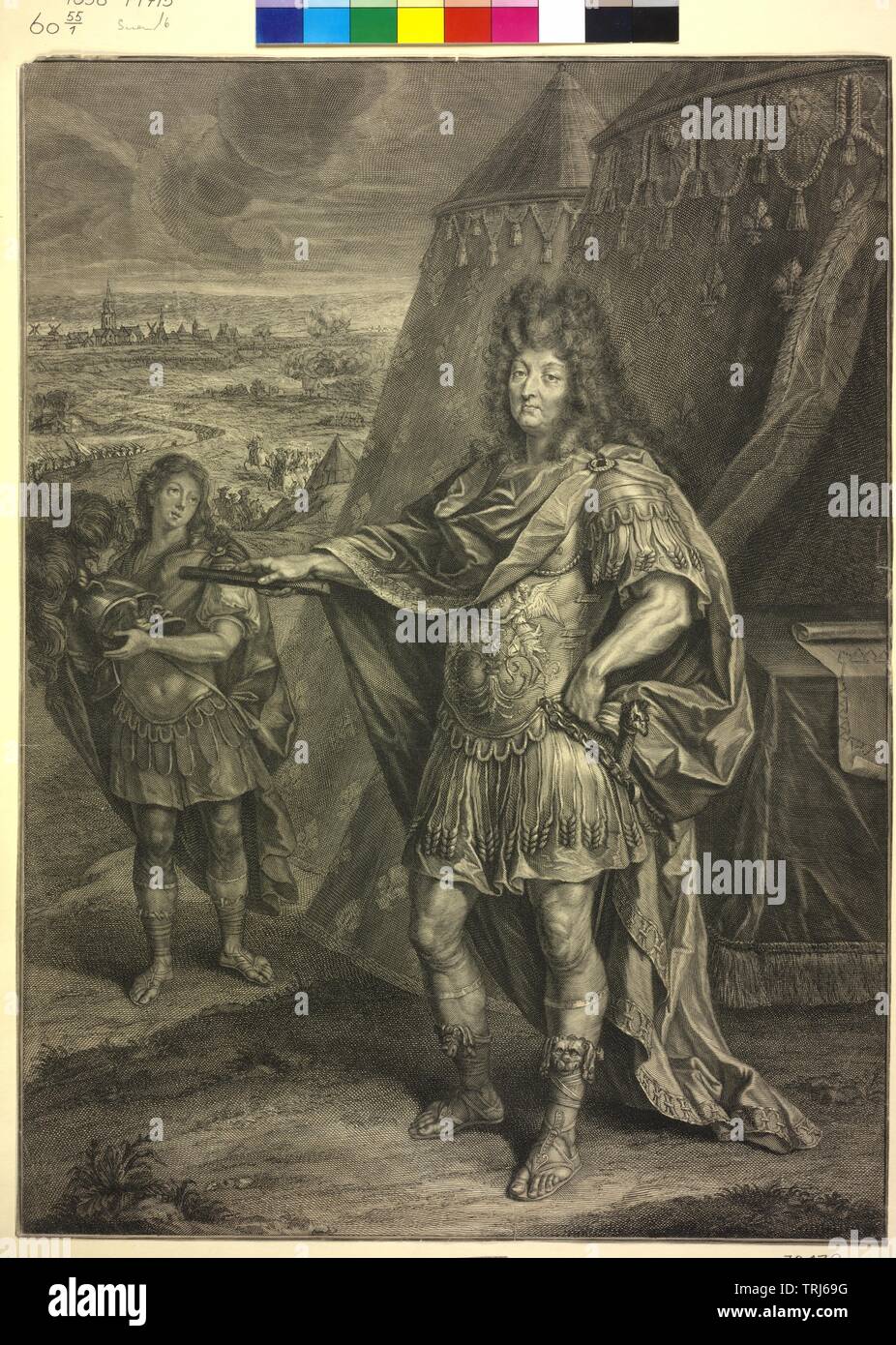 Louis XIV, King of France, in full-length picture in Roman armament, the trait based on painting by Hyacinthe Rigaud, Additional-Rights-Clearance-Info-Not-Available Stock Photo