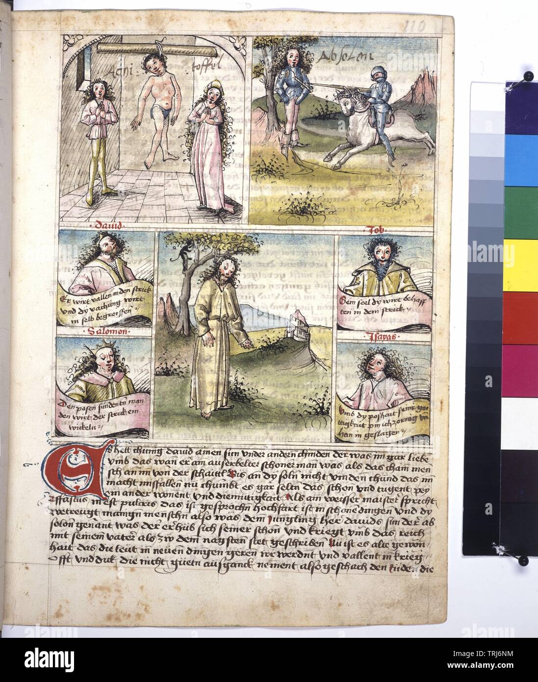 Speculum humanae salvationis, full page: text and coloured ink drawings (suicide of the Judas, suicide of the Absolon and suicide of the Achitoffel as well as bust of four predictors with banners), , Additional-Rights-Clearance-Info-Not-Available Stock Photo