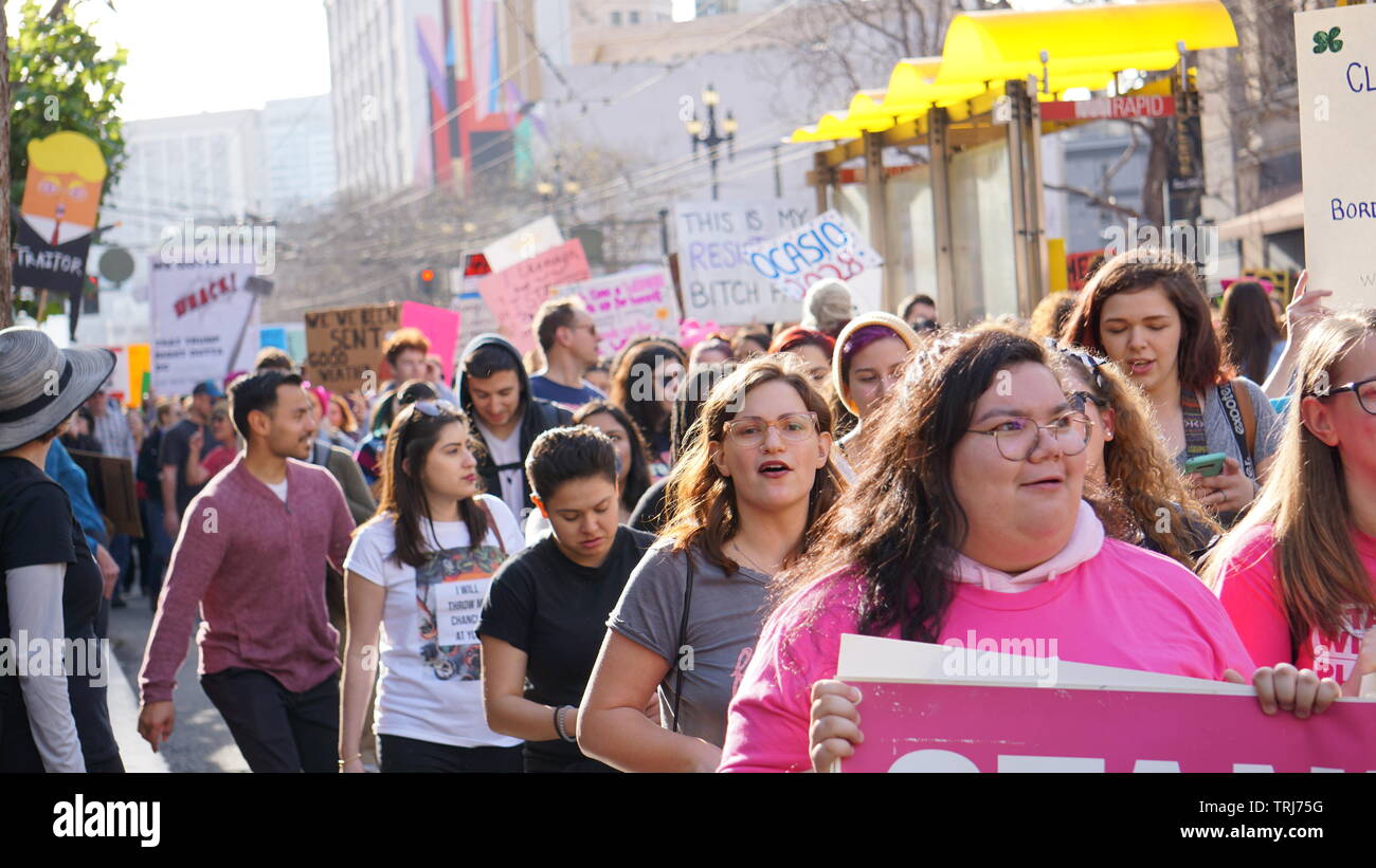 2019 Women's March, Anti-Trump Protesters, Market Street, San Francisco, California, USA. Stock Photo